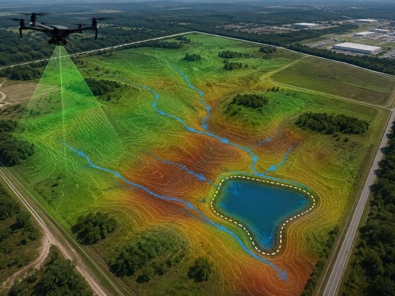 Drone LiDAR terrain mapping used to evaluate drainage paths and detention areas across a large development site