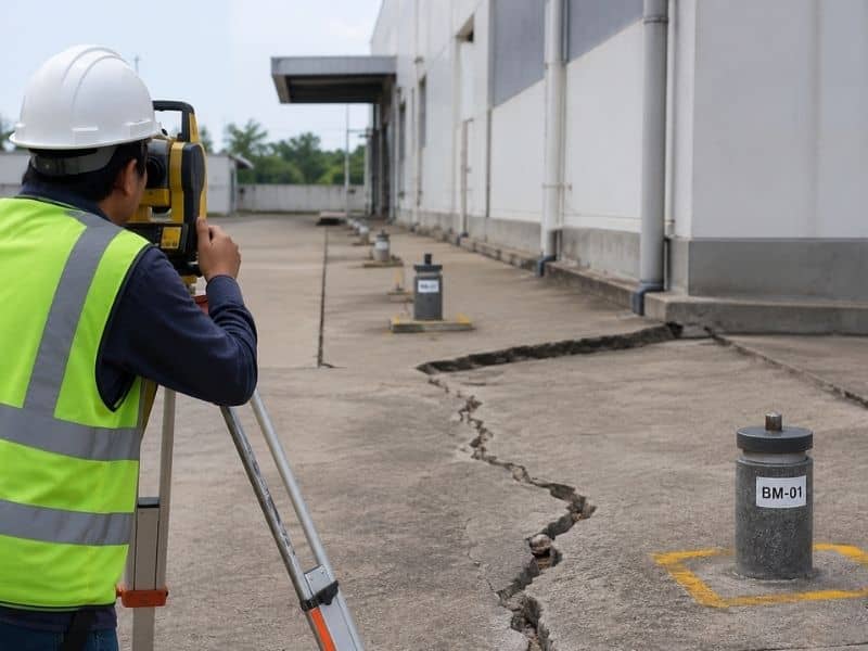 high-precision-land-subsidence-monitoring-survey | Houston Land Surveyor Surveyor measuring elevation changes at permanent monitoring points beside a settling industrial property.