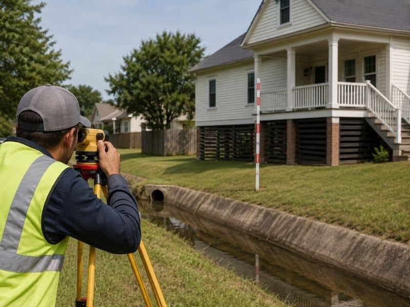 Surveyor measuring the elevation of a Houston home beside a neighborhood drainage channel