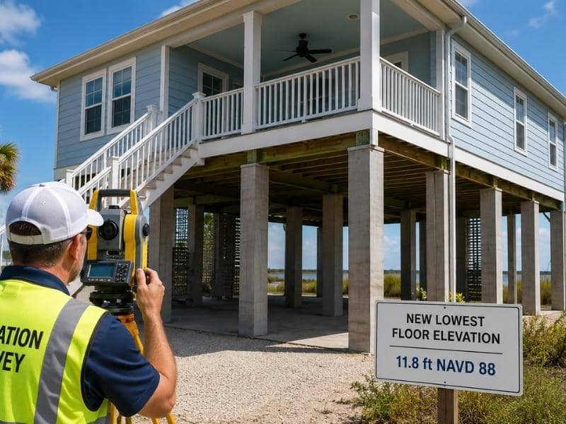 Land surveyor measuring the new elevation of a completed raised home supported by concrete piers.