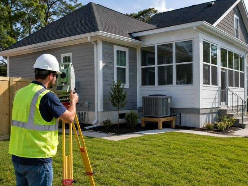 Land surveyor checking elevations after major home improvements in Houston Texas for an updated Elevation Certificate