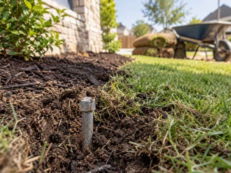 Property line markers exposed in disturbed soil after landscaping work at a residential property in Houston, Texas.